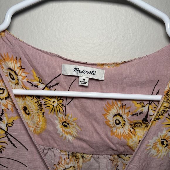 Madewell Plaza Dandelion Button Front Top Floral Blouse Linen Blend Pink Women M - Picture 3 of 6